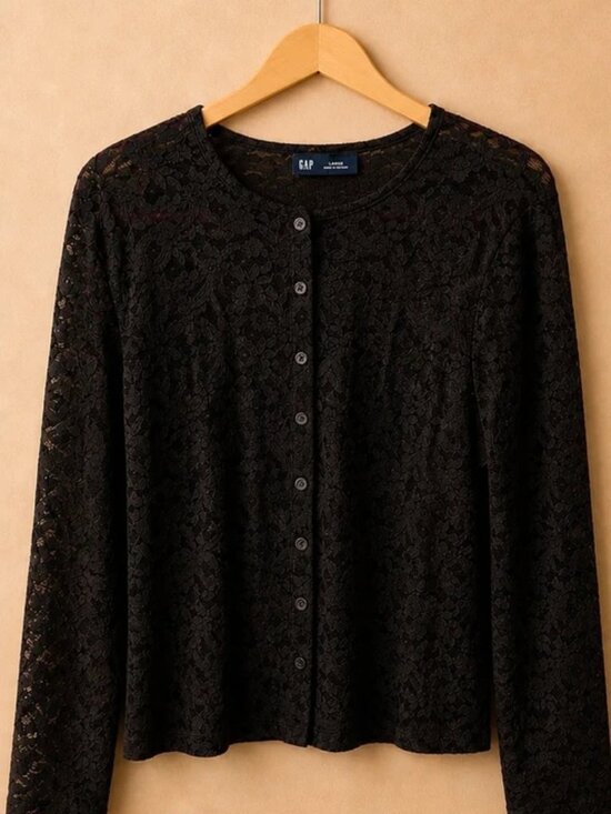 GAP Tops - Gap NWT Dark Brown Lace Henley Top L Sheer Floral Long Sleeve Feminine Chic